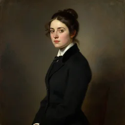 official side portrait of united states president, a sinister looking attractive young woman, in a black suit, 1 8 5 5, a character portrait by cassius marcellus coolidge, reddit contest winner, american romanticism, oil on canvas, detailed painting, creative commons attribution