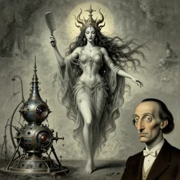 eldritch goddess, maddening forbidden knowledge, flying comb, strange machine by rene magritte and salvadore dali