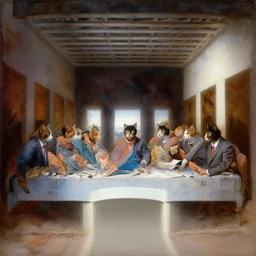 humans with cat heads dressed in suits sitting around a table in the scene of the last supper, under the porch of a typical portuguese house, with typical alentejo landscape in the back, sunny morning, matte painting, oil canvas, photorealistic illustration, extreme detail, hyper realistic, highly detailed, digital art