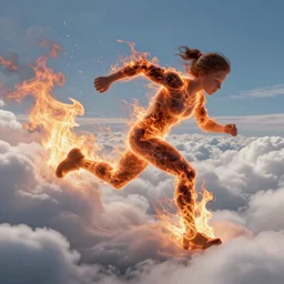 running and falling on clouds, 4k, post-processing, detailed, artstation, burning