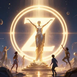 zeta cohort collaborating in a virtual space around a huge zeta symbol, radiant light, concept art, epic zeta symbol statue, by craig malismo