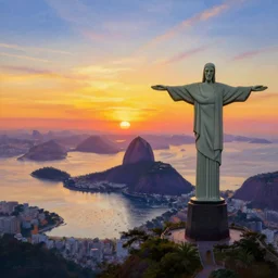 iridescent painting of sunset over RIo de Janiero, Christ the Redeemer, panoramic, digital painting, by RHADS and Moebius