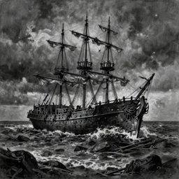the ship of theseus wrecked upon the night's plutonian shore, charcoal masterpiece by Edgar Allan Poe