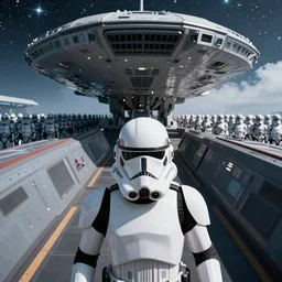 first person gopro photo of a clone trooper about to embark a starcruiser looking at the might of the galactic republic's army, 4 k