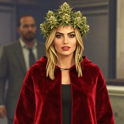 Medium shot of a typical character in the styl margot robbie a red velvet cape and OG Kush Sativa flower calyx trichome crown edward julius as a character in gta v, amazing detail