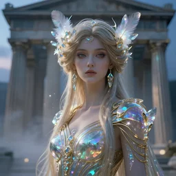 ancient greek culture female, ecopunk art nouveau architecture, iridescent and opalescent, twilight, refractive crystal, elegant, feather hair ornaments, highly detailed, digital painting, glowing particles, misty, cinematic lighting, god rays, smooth, sharp focus, art by nixeu, by wlop, by alphonse mucha.