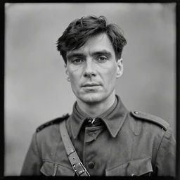 cillian murphy in a world war ii uniform, black and white film photography, realistic face, cabinet card, 2 5 mm lens, cinematography by roger deakins