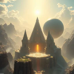futuristic heavenly amazon city, temples with one giant diamond structure and one giant sphere, bright sun digital painting, solid cube of light, hard edges, artstation, concept art, sharp focus, illustration, 8 k highly detailed