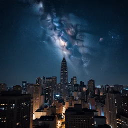 dystopian city at night, milky way visble in sky, award winning photo by vivian mayer