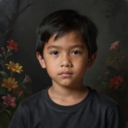 hyperrealistic detailed portrait of a philippine kid character in a scenic environment, flowers, dark palette, by beksinski zdzislaw, yoro sean, buchholz, quint, christensen james c.,