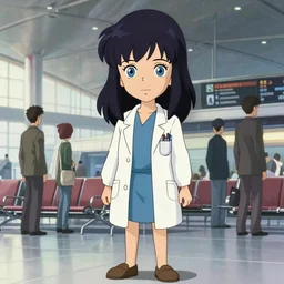a full body portrait of a 1 9 5 0's doctor disney style girl, blue eyes, finely detailed features, closeup at the faces, perfect art, in the airport yard, gapmoe yandere grimdark, trending on pixiv fanbox, painted by greg rutkowski makoto shinkai takashi takeuchi studio ghibli, akihiko yoshida,