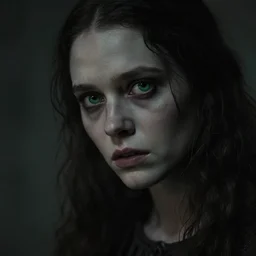 moody, realistic, dynamic perspective pose, dark, skin tinted a pale tone, green eyes, detailed facial features, folk horror