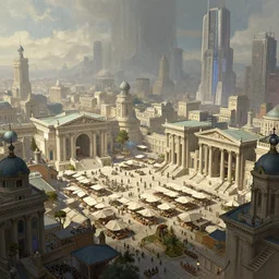 concept art of the central marketplace of an ancient city, classical architecture, ancient buildings, by hubert robert and etienne - louis boullee, cyberpunk style, technological, matte painting, intricate detail, polished, futuristic