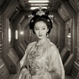 photo shoot pose photo of beautiful  Chinese ancient princess standing in the corridor in the space ship,  symmetrical face, big eyes and lips, looking down, subtle makeup, clean face and body skin,ecstatic expression, ornamental jewelry and ancient translucent clothes, futuristic space ship interrior, wires with lights,depth of field, lens flares, dust in the air, moody lighting, moody photography, old photo, black and white, sepia, cinematic lighting, cinematic angle, editorial photography