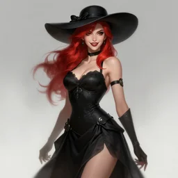 a highly detailed illustration of red haired lady wearing black noir dress and black sun hat, dramatic smile pose, intricate, elegant, highly detailed, centered, digital painting, artstation, concept art, smooth, sharp focus, league of legends concept art, wlop.
