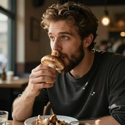 young handsome bearded man eats big mushroom in a cafe