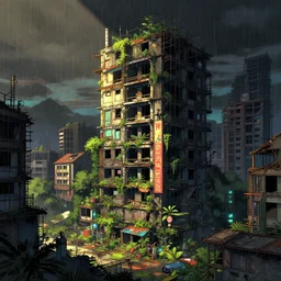 a beautiful ultradetailed anime illustration of building abandoned city unfinished building industrial architecture nature architecture townhome by jeanne gang, sunlight san andreas cyberpunk nature tokyo darkacademia rainforest hyperrealism thermal imaging neon signs landscape evil, archdaily, wallpaper, highly detailed, trending on artstation.