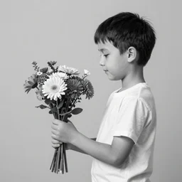 a side profile of a black and white single boy holding colourful flowers in the style of Banksy on a white concrete background, graffiti, digital art