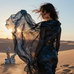 filmstill, over the shoulder photography of beautiful female body covered with swirling black translucent blanket blowing in wind, acrylic liquid colors, luxurious supermodel photoshooting, golden jewelry, bokeh, godrays, strong wind, wrinkles, sunrays, sunset, lens flares, monet, renoir, cold colors, digital illustration, art noveau, liquid marbling painting, sand dunes, sand dust, melting victorian statue