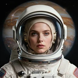 retrofuturistic portrait of a woman in astronaut helmet, jupiter graphics art in background, close up, quint buchholz, wlop, dan mumford, artgerm, liam brazier, peter mohrbacher, 8 k, raw, featured in artstation, octane render, cinematic, elegant, intricate, 8 k