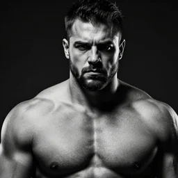 a black and white photo of a strong man with a big jawline. dramatic lighting.