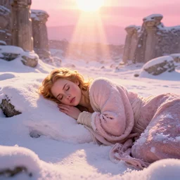 epic face portrait of Amy Adams warmly clothed sleeping in deep snowy snow, winter princess, ancient ruins, prism sun rays through wind swept snow, pink golden hour, saturated, intricate, highly detailed, epic vista, very crispy, Ralph Horsley, Daniel F. Gerhartz, Artgerm, Boris Villajo, Lilia Alvarado