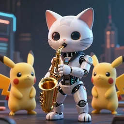 high quality 3 d render very cute cyborg! cat plays saxophone, cyberpunk highly detailed, unreal engine cinematic smooth, in the style of blade runner & detective pikachu, hannah yata charlie immer, moody light, low angle, uhd 8 k, sharp focus