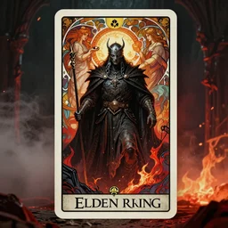 Elden Ring, Lord of the Rings themed tarot card, the dark lord Sauron by Artgerm, Wlop, Alphonse Mucha and Gustave Dore, in the style of Midjourney, highly detailed and intricate artwork, masterpiece, majestic, ephemeral, cinematic lighting, vivid and vibrant colors, movie poster character production art concept, haunting, horror, gothic fog ambience, crimson fire palette, Artstation trending, unreal engine, octane render