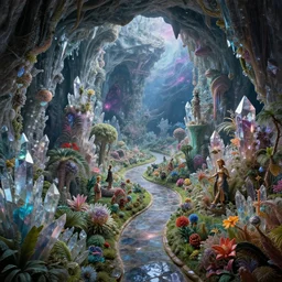 an epic masterpiece mysterious sci - fi matte painting of a winding path through crystal cave dream worlds with surreal crystal structures, inspired by heironymous bosch's garden of earthly delights, digital art, dynamic lighting, vibrant colours, surreal lush landscapes by asher durand and cyril rolando and natalie shau and thomas kinkade, insanely detailed and intricate, elegant, subterranean galaxy, unreal engine, 8 k