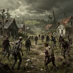 wide angle shot of post apocaliptic rural town infested by zombies in the style of greg rutkowski and walking dead, hyper detailed elagant grotesque artwork, full figure