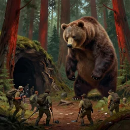 picture of a savage bipedal grizzly bear monster looking down at a group of poachers near a cave, redwood forest, art by ismail inceoglu and filip hodas. matte painting, tenebrism, vaporwave style, artistic render