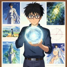 a superhero whose superpower is to predict the future with the power of mathematics, ordinary clothes, wears glasses, holds up a spiritual crystal ball with mathematical inscriptions, poster art by makoto shinkai, featured on pixiv, environmental art, official art, anime, movie poster