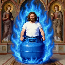 hank hill as the god of propane, white tshirt, blue jeans, surrounded by blue fire, surrounded by blue flames, renaissance religious painting, late gothic religious paintings, byzantine religious art, trending on artstation