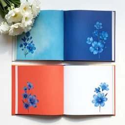 flatlay book collection, vivid colors, dramatic lighting, white and blue flowers