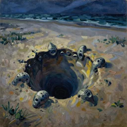 a fauvist painting of an aerial view of a partially uncovered alien artifact at the bottom of a deep hole on the beach at night