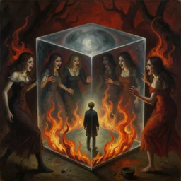 a tiny desolate man in a giant cubic bubble being tormented by raging crazy women from portal to flames of hell, dark, disturbing, uneasy, unsettling, by hieronymus bosch, trending on artstation, trending on nightcafe, by alexander fedosa oil on canvas