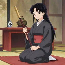 anime art, a japanese woman holding a kanabo kneeling for an altar