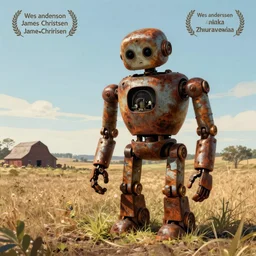 a single colossal rusty old robot sad and alone in an empty field in the countryside with a barn on a bright sunny day by wes anderson and james c christensen and anka zhuravleva sharp digital painting. dreaming latent space. matte painting, concept art. artstation. digital render.
