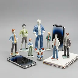 A dynamic composition of masterfully crafted colored porcelain figurines with iPhones and notebooks, delicate, detailed, Canon TS-E 17mm f/4, pristine quality wallpaper