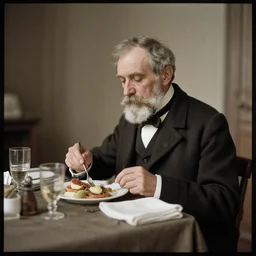a daguerreotypist of a old guy having a lunch