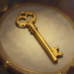 a detailed digital art of an enchanted golden key on a table, by victo ngai and greg rutkowski, digital art, realistic painting, very detailed, fantasy, dnd, character design, trending on artstation