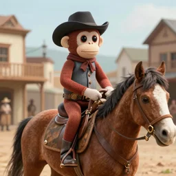 A sock monkey riding a horse through a western town in the 1800s, hyper realistic