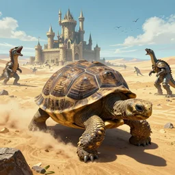 gargantuan tortoise with a large fantasy castle armor walking through a sandy wasteland, howls moving castle, mortal engines, kaiju, distant shot birds eye view, fantasy, hyper detailed, 4 k,