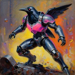 armored neon raven. game informer ( 1 9 8 9 ). raypunk. dieselpunk. dynamic action pose. oil on canvas by ralph mcquarrie