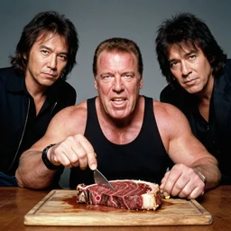 ultrawide angle colour portrait masterpiece photography of vince mcmahon eating raw steak shot by annie leibovitz michael cheval miho hirano moebius josh kirb