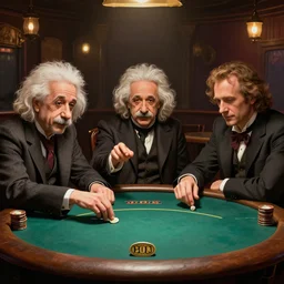 albert einstein and isaac newton and stephen hawkins playing poker in an old west saloon, intricate, highly detailed, centered, digital painting, artstation, concept art, smooth, sharp focus, illustration, art by james gurney and norman rockwell and greg rutkowski