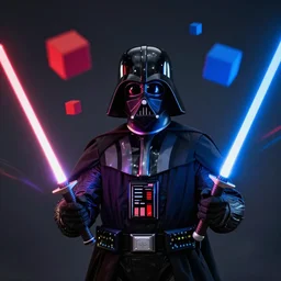 darth vader wearing an oculus quest 2 and holding light sabers, red and blue floating cubes in the air, motion blur, light trails