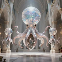 group of mankind species mages with big translucent octopus heads floating around inside an ancient mage castle hall colossal scale, gothic and baroque, brutalist architecture, ultradetailed, intricate details by Ellen Jewett and Josan Gonzalez and Giuseppe Arcimboldo