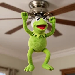 kermit meme kermit the frog puppet swinging off a ceiling fan, highly detailed, photo realism, textured puppet, dslr