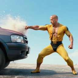 extreme wide shot of vin diesel as saitama!!! punching!!! a car!!!!!! into space, ultra realistic, lens flare, atmosphere, glow, detailed, intricate, full of colour, cinematic lighting, trending on artstation, 4 k, hyperrealistic, focused, extreme details, unreal engine 5, cinematic, masterpiece